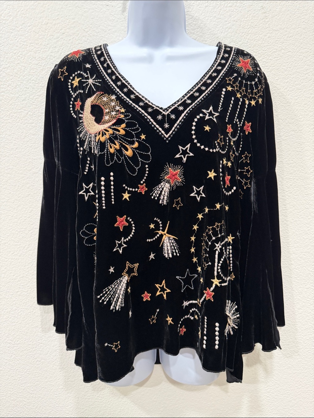 Johnny Was Black Velvet V-Neck Tunic with Celestial Embroidery  MEDIUM